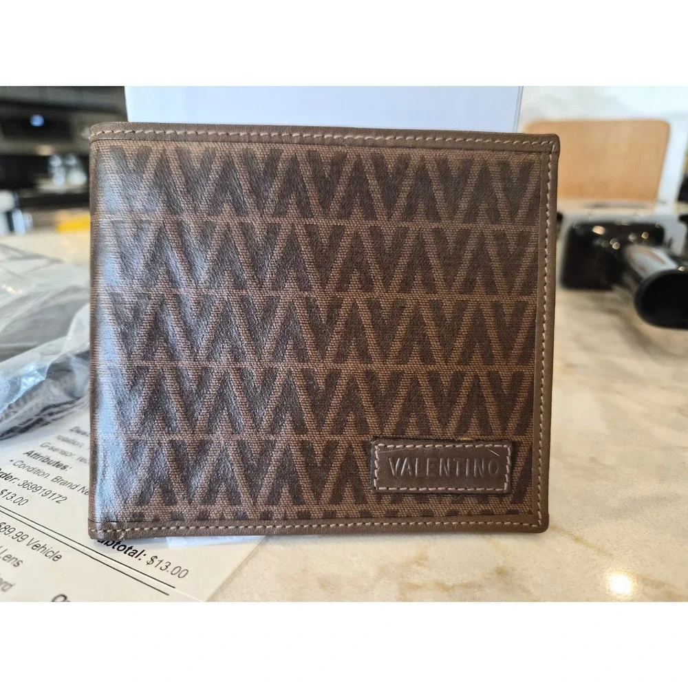 Mario Valentino Mens Brown Monogram Bifold Wallet Made in Italy Leather Interior